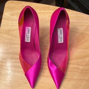 Jimmy Choo, Cass 110, Fuchsia Satin and Hot Pink Neon Plexi pumps, worn once